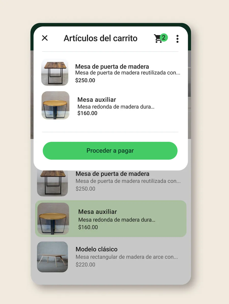 Artículos en el carrito de un usuario en la aplicación WhatsApp Business