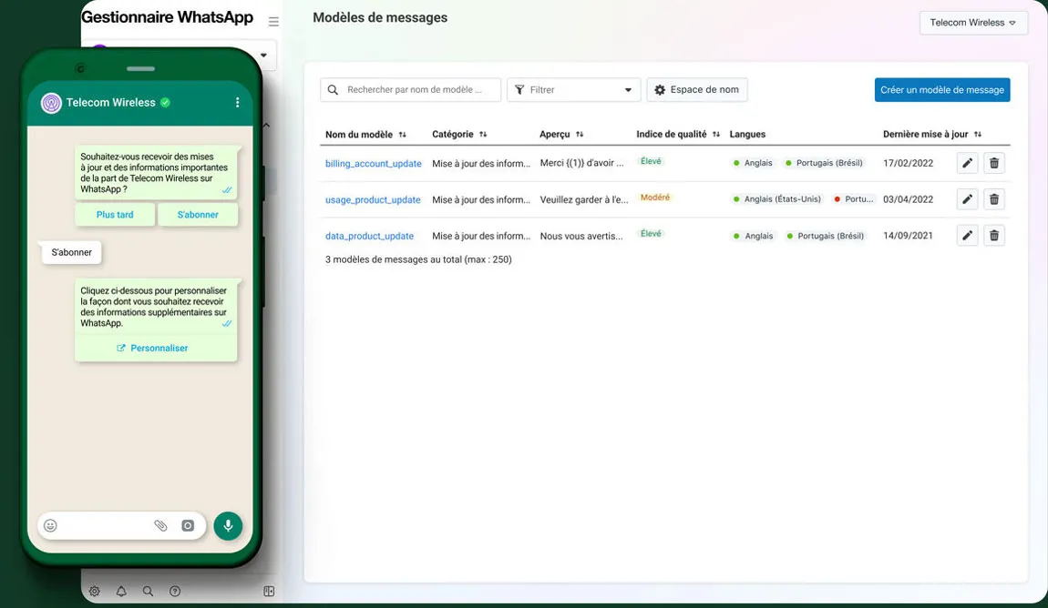 Capture d’écran de la messagerie WhatsApp sur un téléphone et de modèles de messages