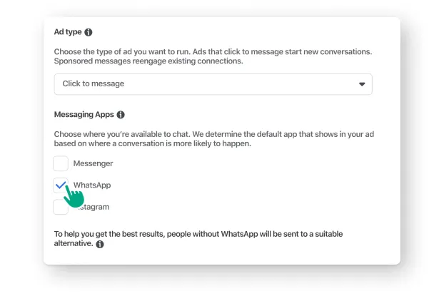 A user selecting WhatsApp under Messaging Apps
