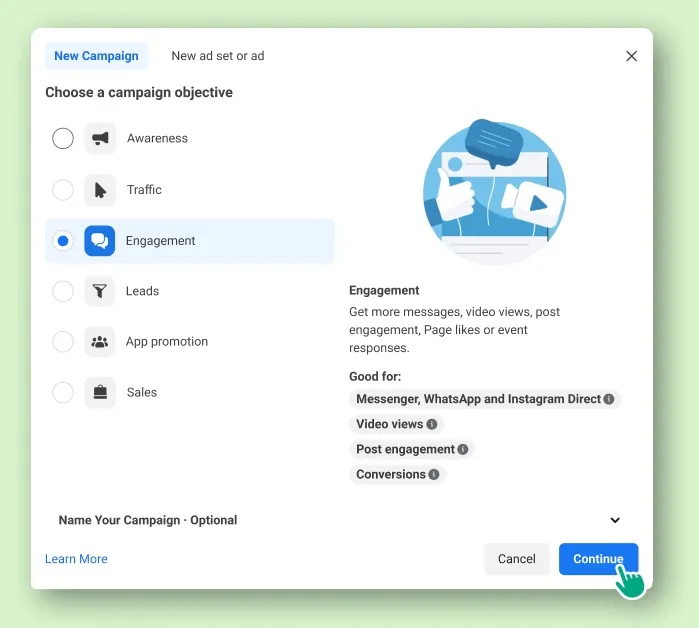 A user selecting a campaign objective from a list of several options and clicking Continue