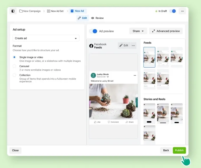 A user selecting Publish on their newly created ad