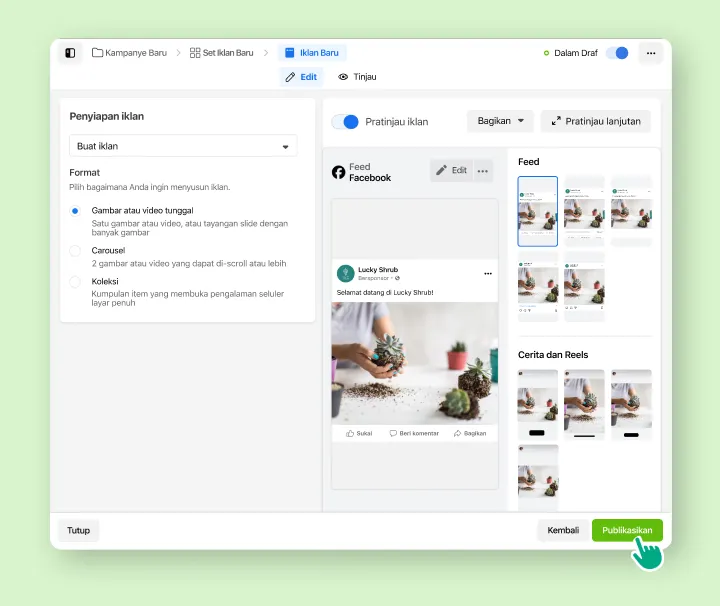 Pengguna memilih Publikasikan pada iklan yang baru mereka buat
