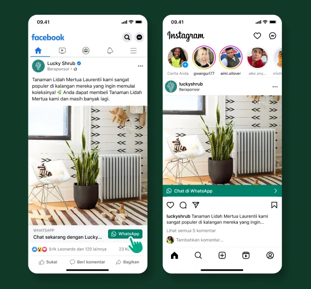 Seorang pengguna mengklik postingan Facebook bersponsor, yang mendorong pengguna untuk chat menggunakan WhatsApp
