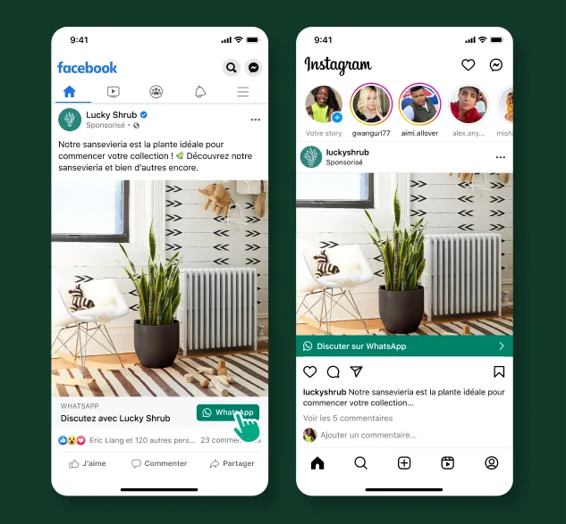 Une personne en train de cliquer sur une publication Facebook sponsorisée qui l’invite à ouvrir une discussion sur WhatsApp