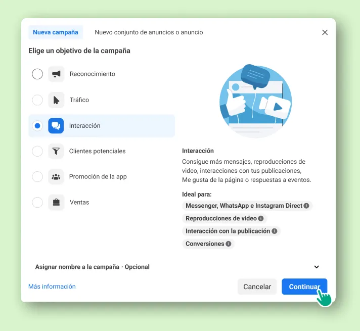 Un usuario selecciona un objetivo de la campaña de una lista de varias opciones y hace clic en “Continuar”