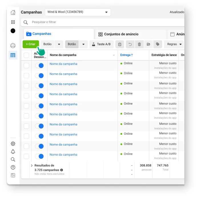 Um usuário na página do Gerenciador de Anúncios. Ele clica no botão Criar