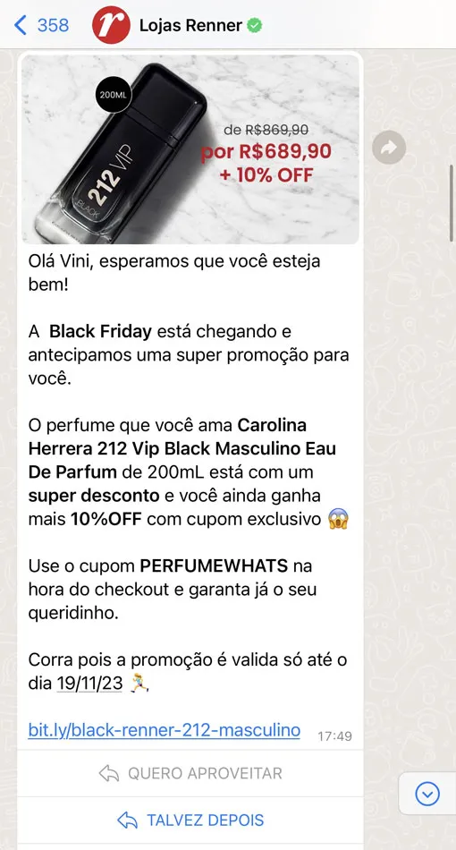 Uma conversa do WhatsApp Business com a Lojas Renner
