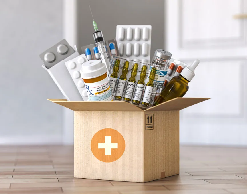 Uma caixa cheia de produtos farmacêuticos diversos.