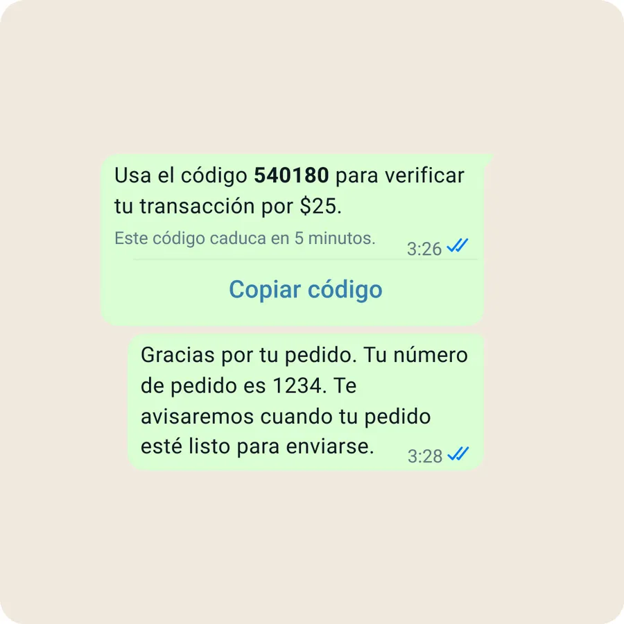 Ejemplo de nuevos pedidos y transacciones en WhatsApp Business