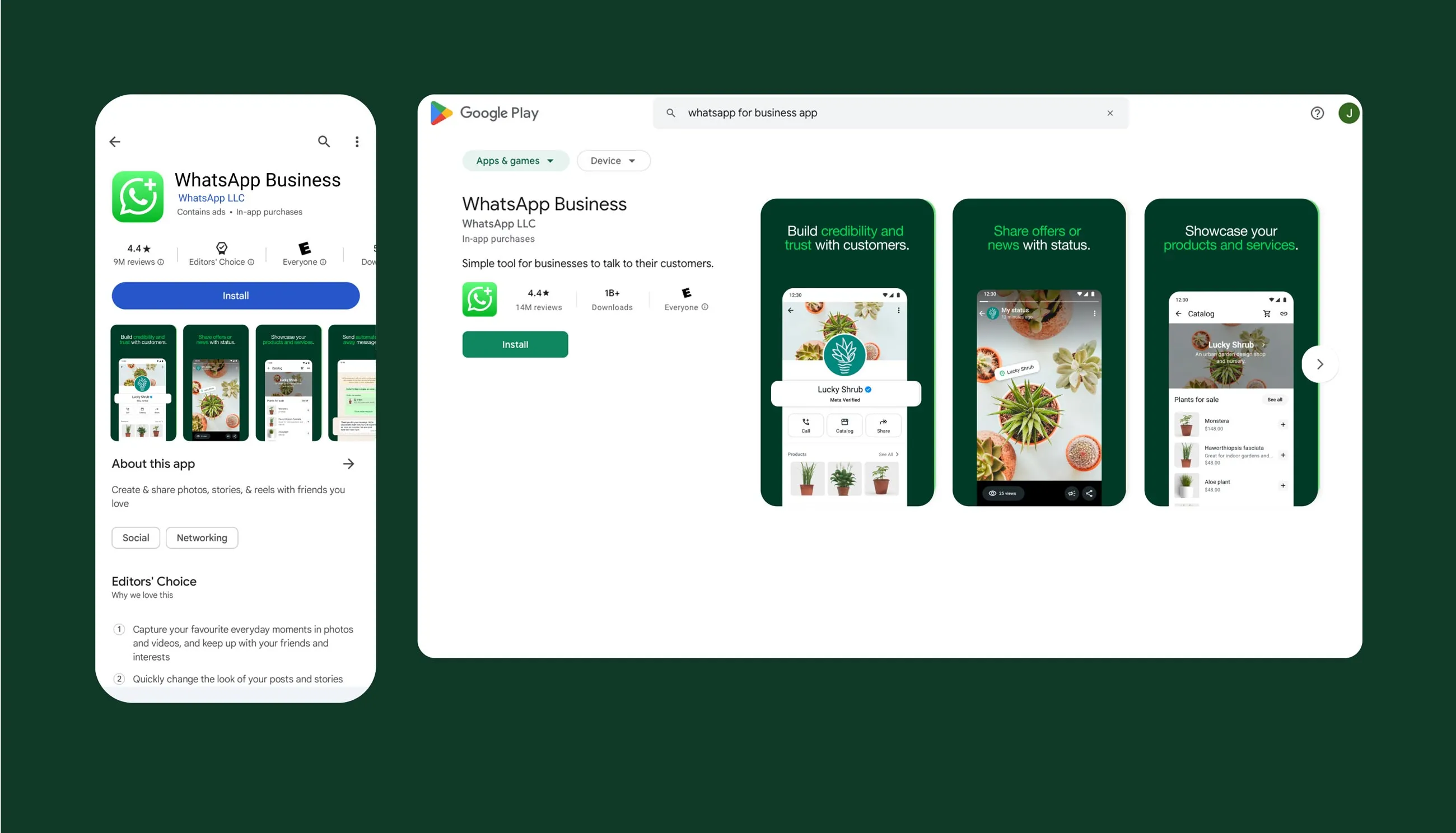 Exemplo de captura de tela de um dispositivo para mostrar a opção de baixar o whatsapp business na Google Play Store