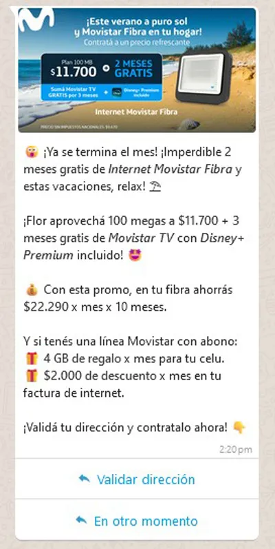 A device showing an example of the movistar customer journey with whatsapp messaging