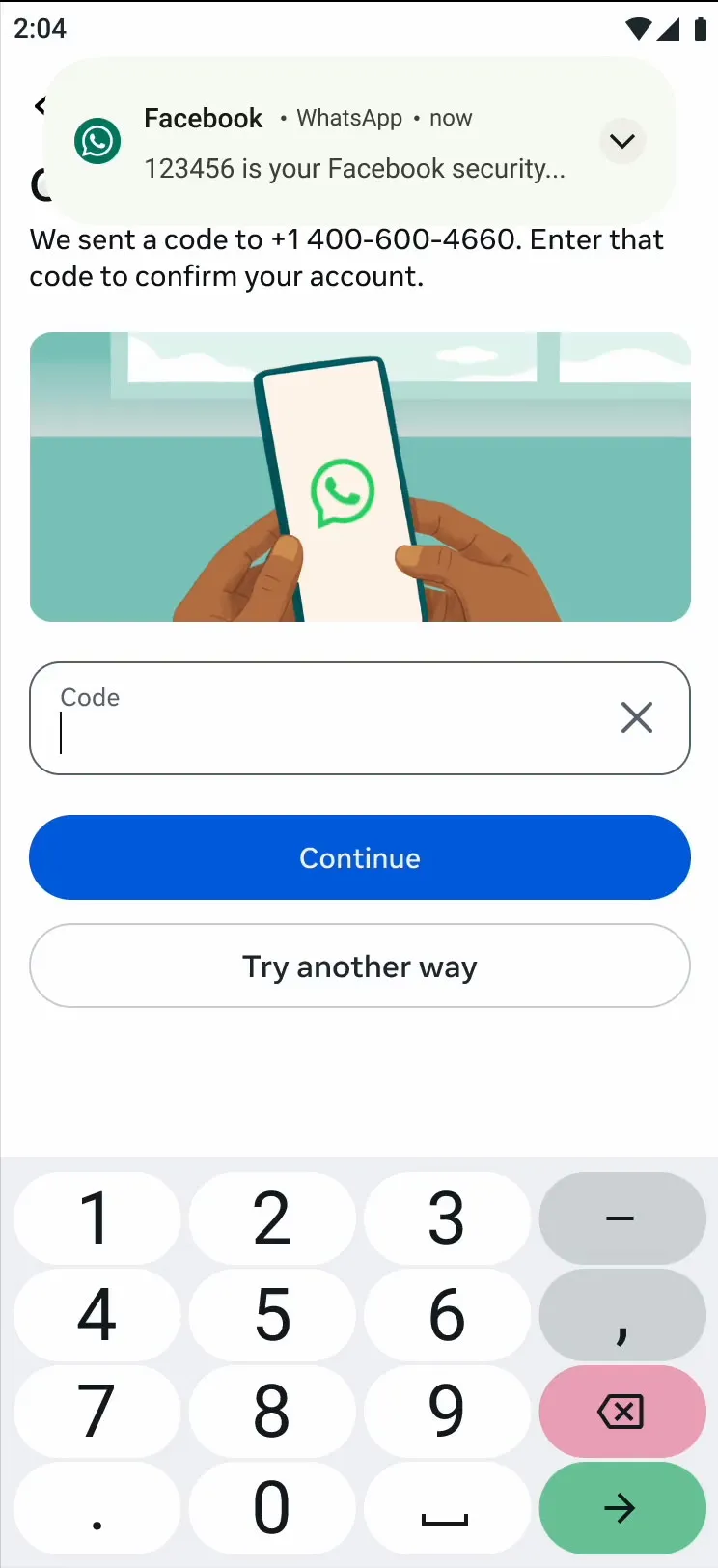 Contoh grafis perangkat berisi Autentikasi OTP Meta di WhatsApp