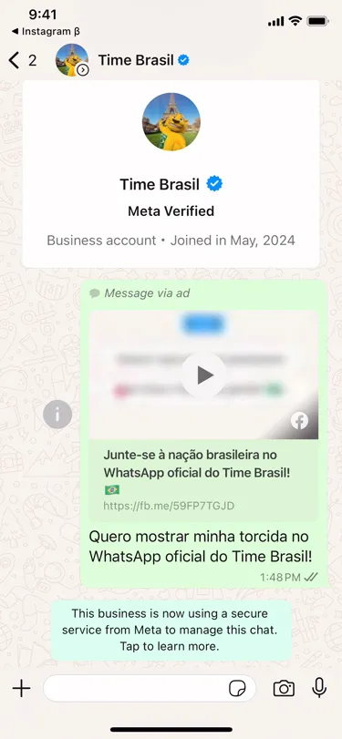WhatsApp पर किसी फ़ैन द्वारा Time Brazil में अपने अनुभव को कस्टमाइज़ करने का विज़ुअल उदाहरण