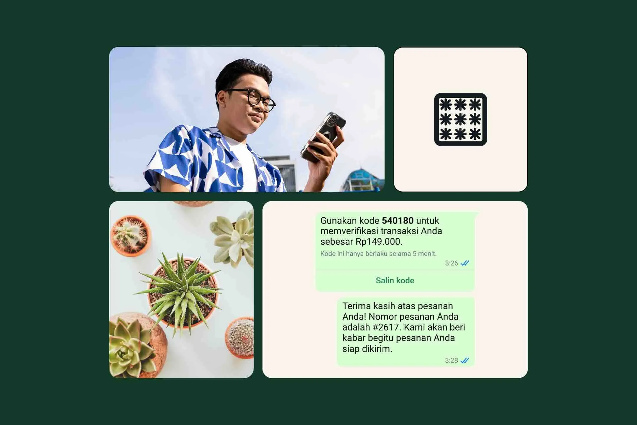 Contoh penggunaan kata sandi sekali pakai melalui WhatsApp Business