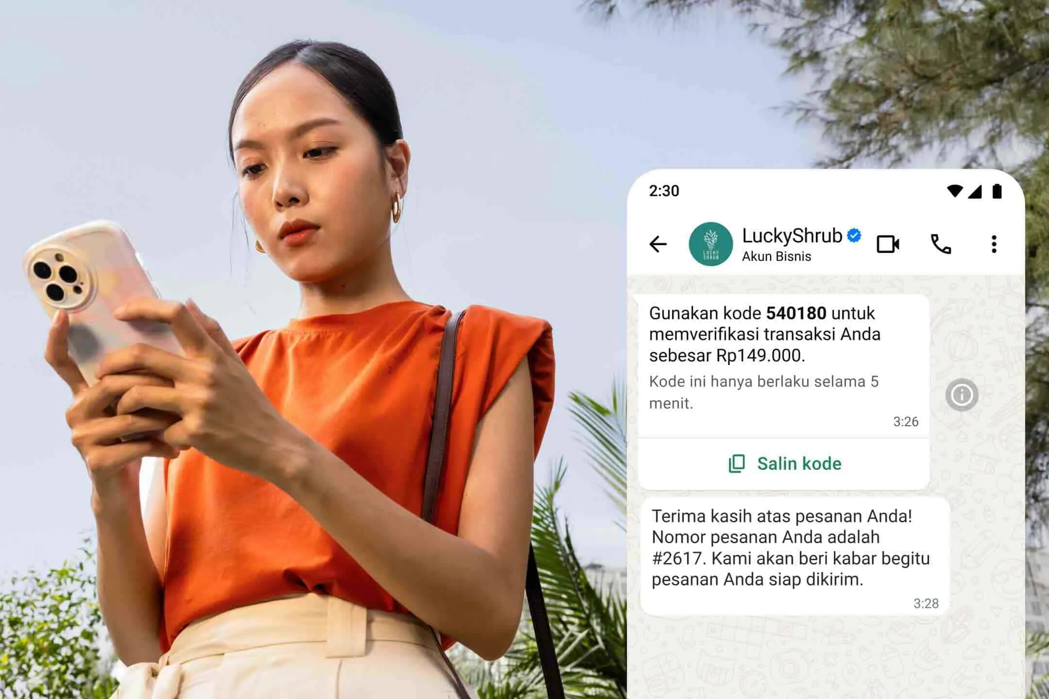 Contoh penggunaan kata sandi sekali pakai melalui WhatsApp Business