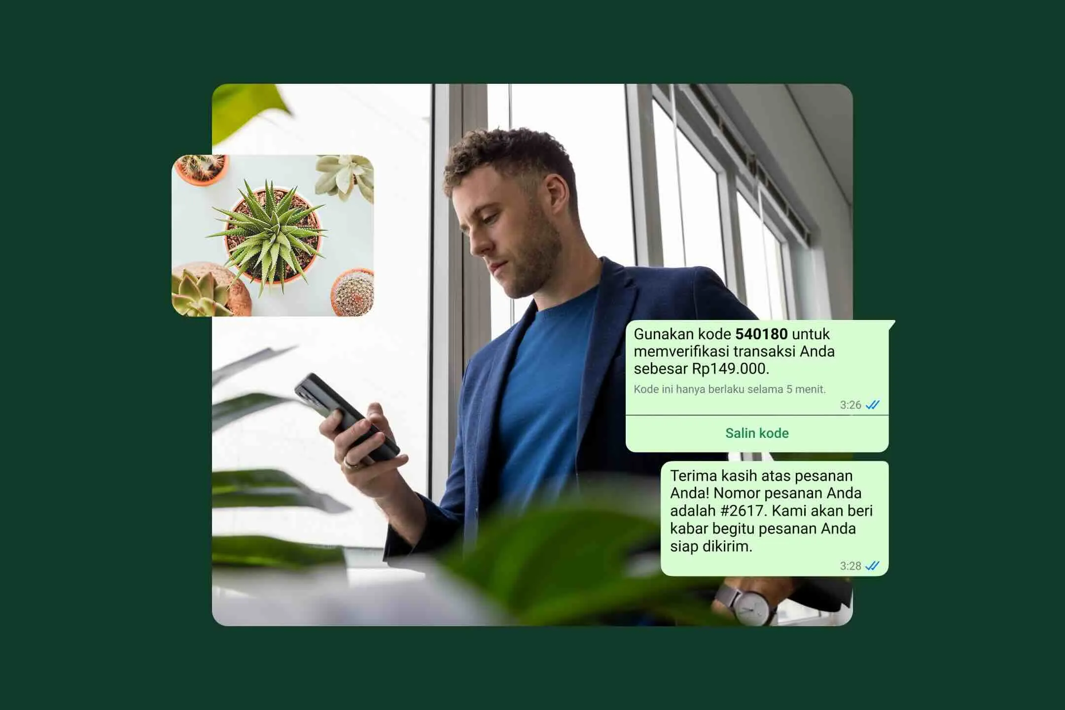 Contoh penggunaan kata sandi sekali pakai melalui WhatsApp Business