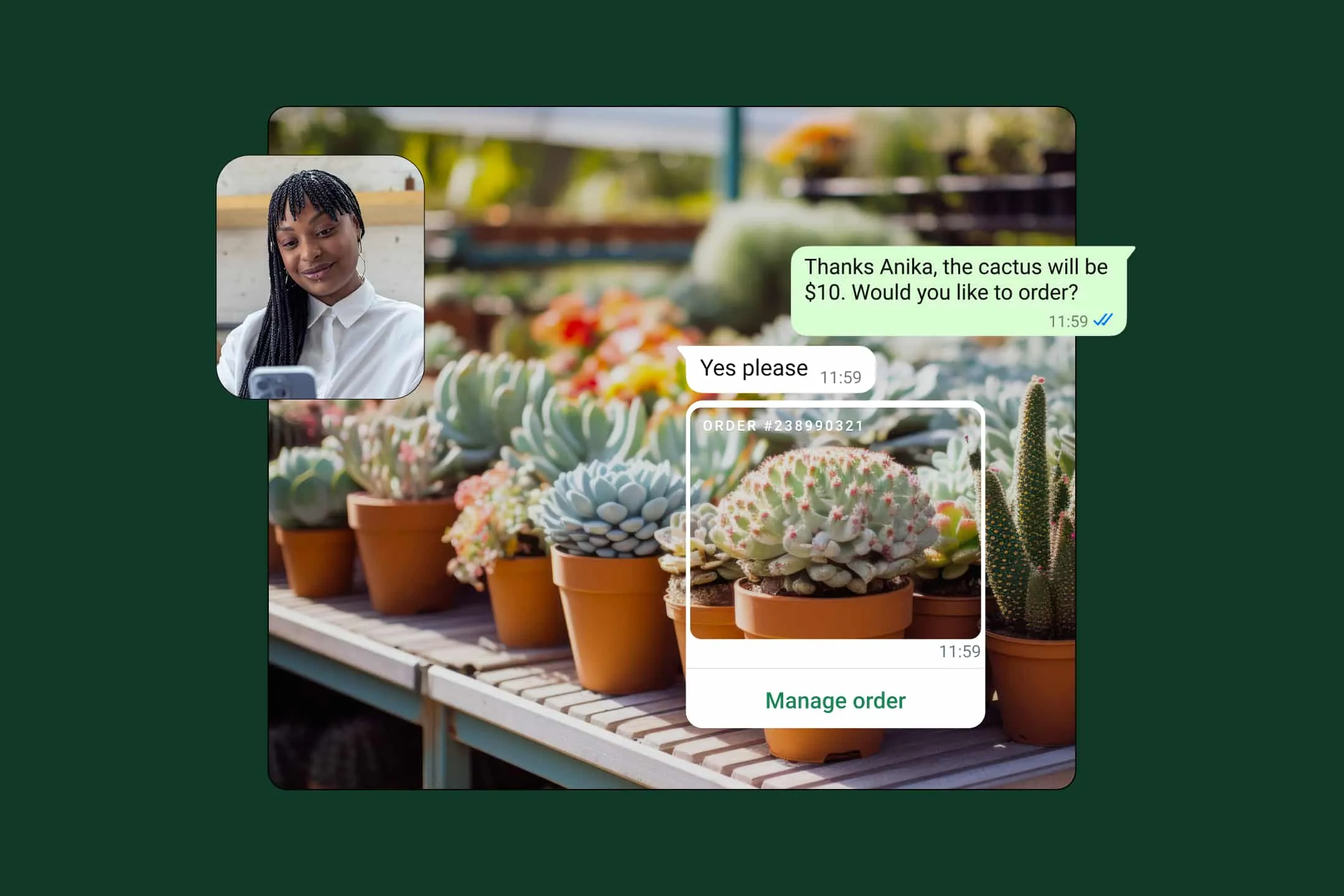 business messaging a customer on her mobile device to make a b2c sale on whatsapp business app