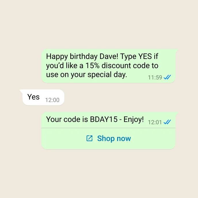 Demonstration of a business building a relationship with a customer with a birthday discount code