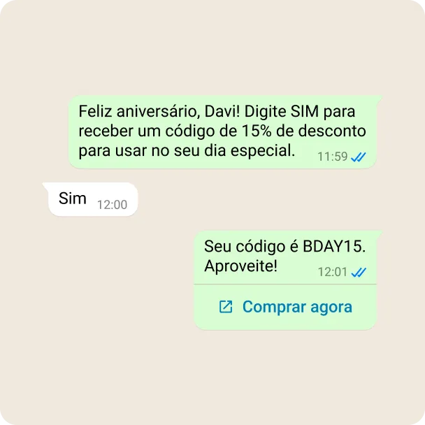 Demonstração de uma empresa criando um relacionamento com um cliente através de um código de desconto de aniversário