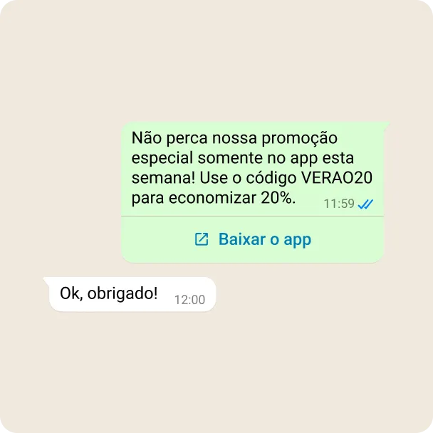 Demonstração de uma empresa promovendo o app com um desconto e um link