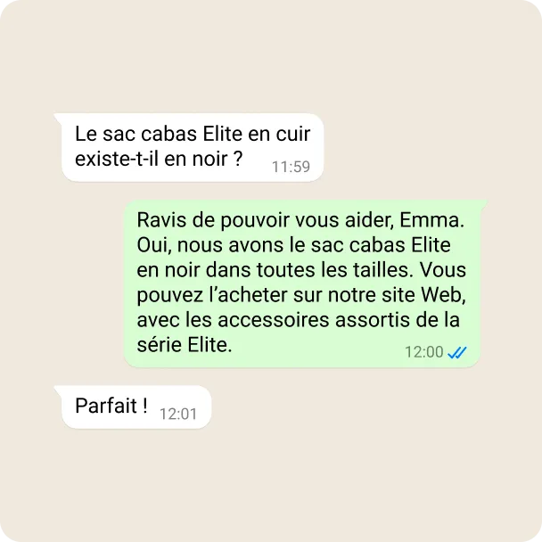 Capture d’écran présentant une discussion dans laquelle une entreprise indique qu’un produit est disponible
