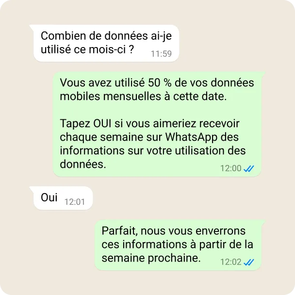 Capture d’écran présentant une discussion dans laquelle une entreprise envoie des messages d’assistance pour fidéliser sa clientèle