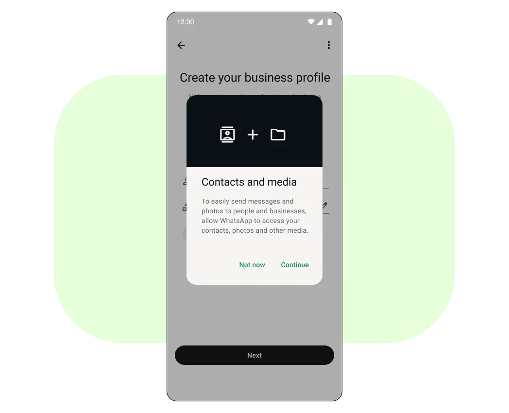 Cell phone prompt asking to access contacts and media