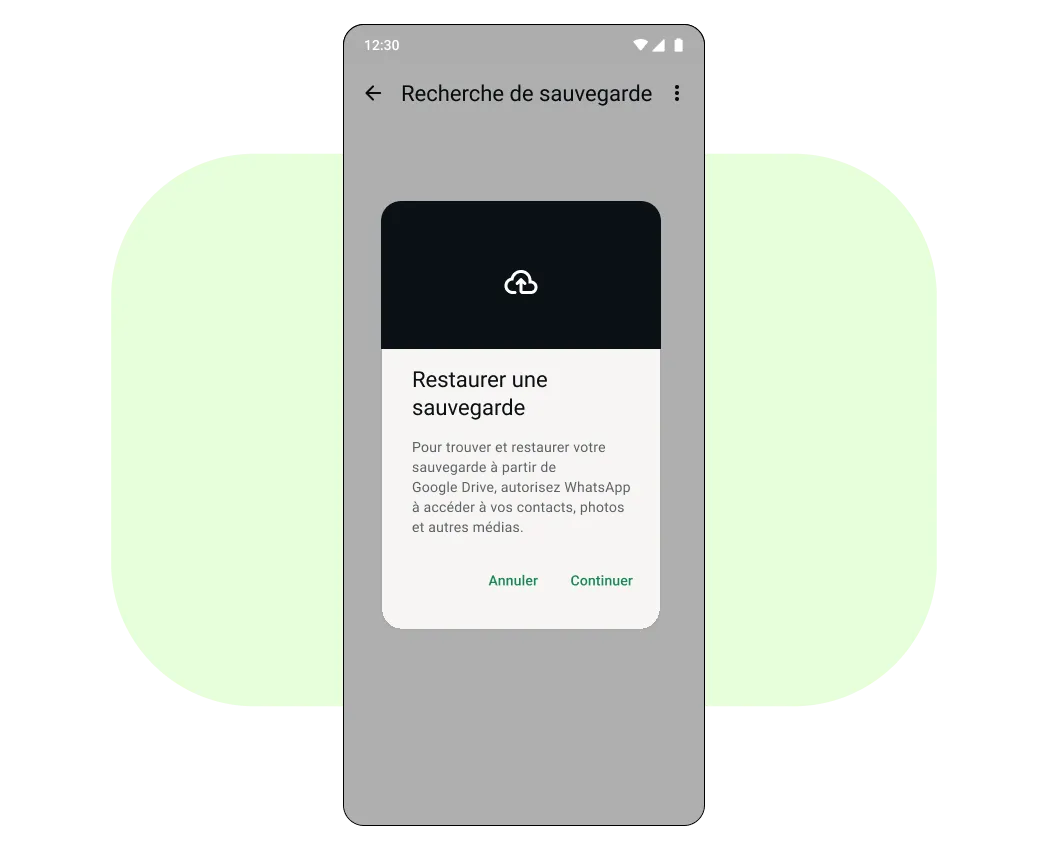 Invite demandant de restaurer une sauvegarde depuis Google Drive sur un téléphone portable
