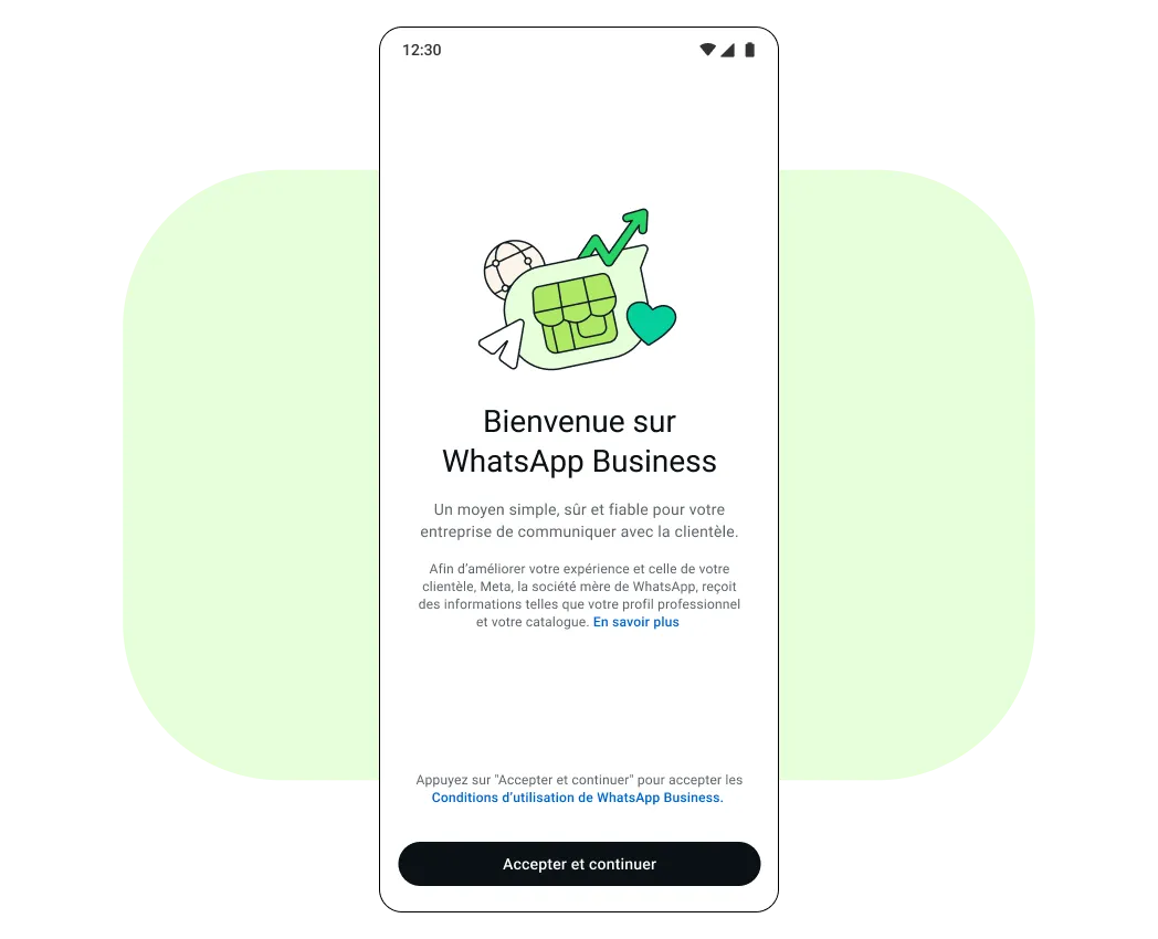Message "Bienvenue sur WhatsApp Business" affiché sur un écran de téléphone portable
