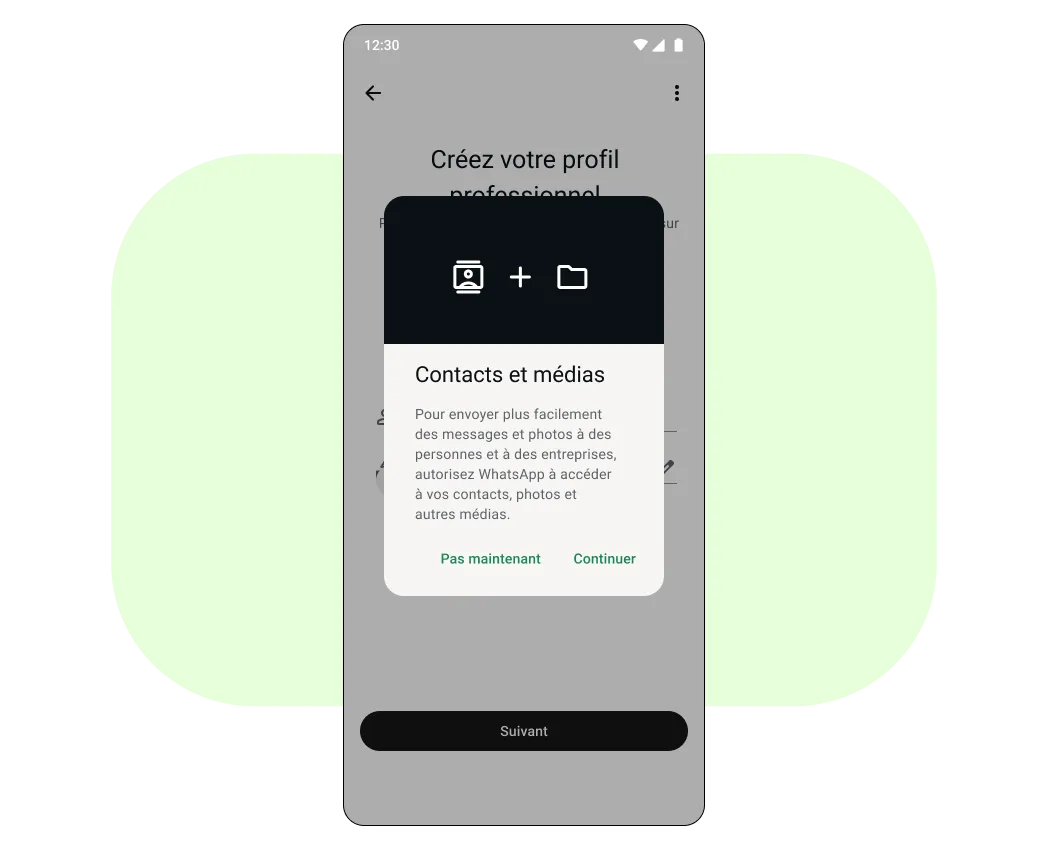 Invite demandant d’accéder aux contacts et aux médias sur un téléphone portable