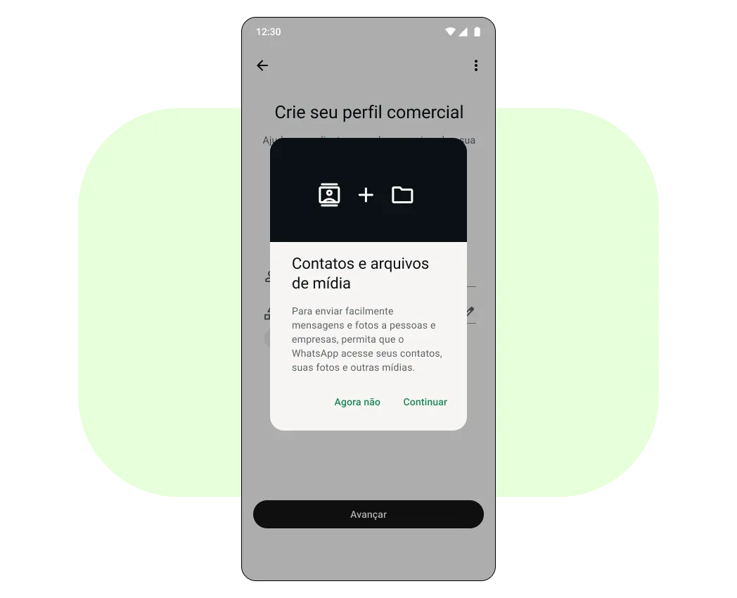 Tela de um celular pedindo acesso a contatos e mídias