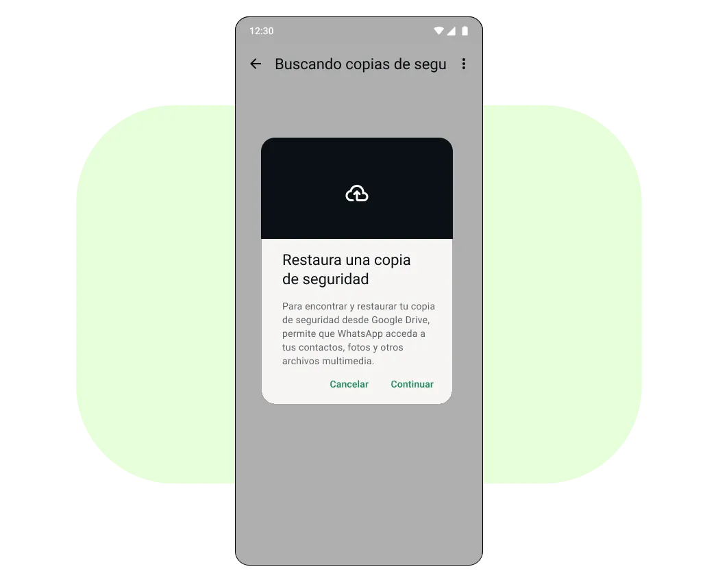 Teléfono móvil donde se ve el mensaje en el que se solicita la restauración de una copia de seguridad en Google Drive