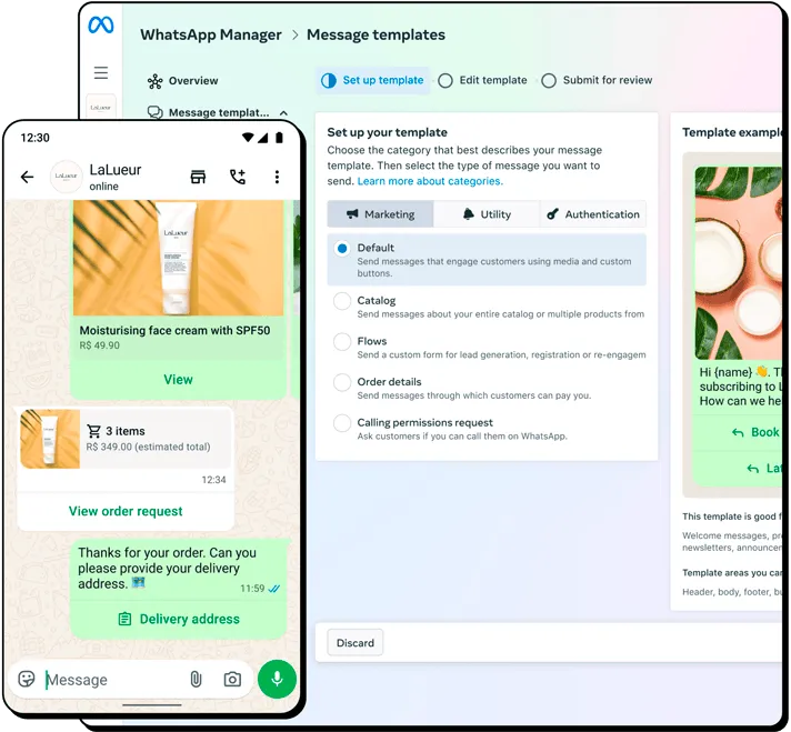 Messagerie WhatsApp sur un téléphone et modèles de messages sur le Gestionnaire WhatsApp